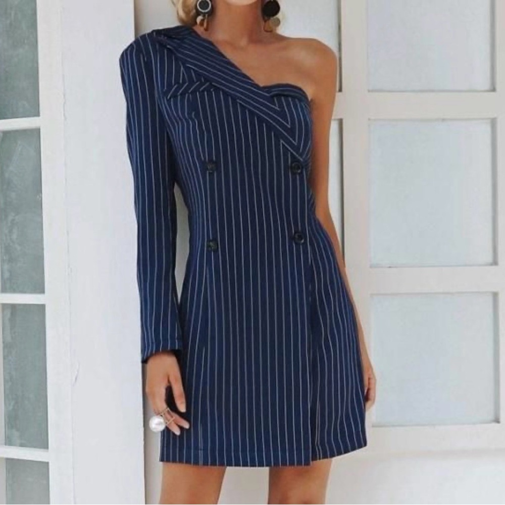 Simplee Apparel Navy Pinstripe One-Shoulder Blazer Dress